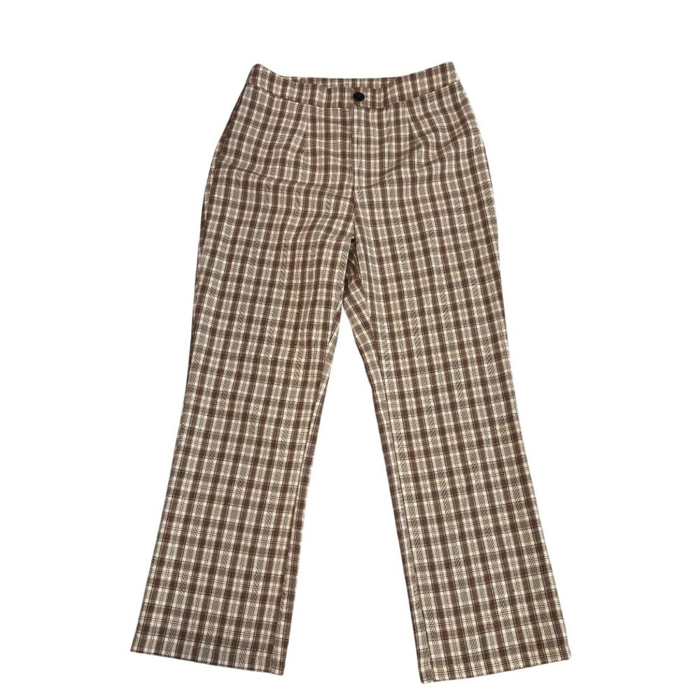 Shein Womens Brown Plaid Wide-Leg Trousers Size M Polyester/Rayon Blend